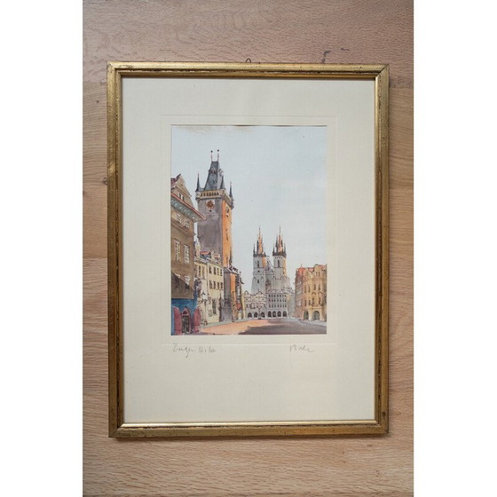 Image 1 of Vintage schilderij van het Oude Stadsplein in Praag, 1980