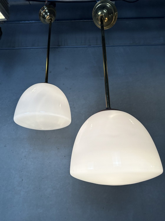 Image 1 of 3x Art Deco Schoollampen - Opaline en Messing