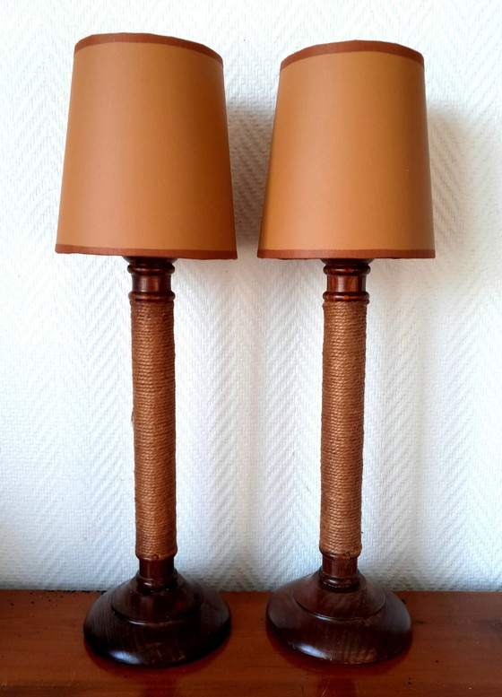 Image 1 of 2X Vintage Houten Touw en Kunstlederen Lampen