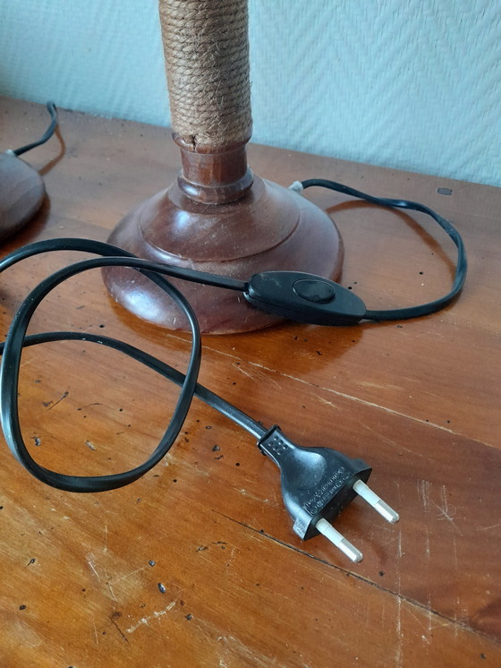 Image 1 of 2X Vintage Houten Touw en Kunstlederen Lampen