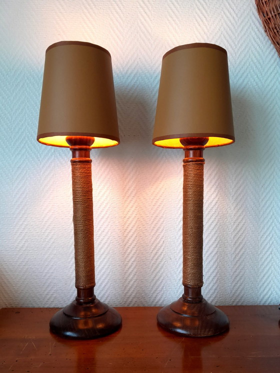 Image 1 of 2X Vintage Houten Touw en Kunstlederen Lampen