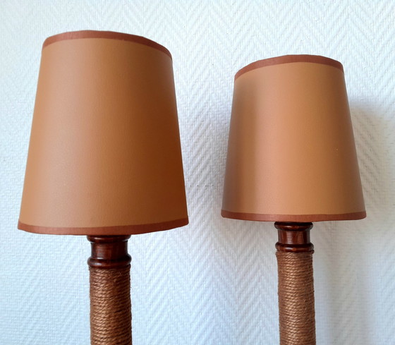 Image 1 of 2X Vintage Houten Touw en Kunstlederen Lampen