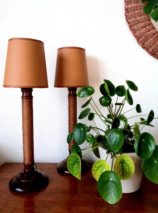 2X Vintage Houten Touw en Kunstlederen Lampen