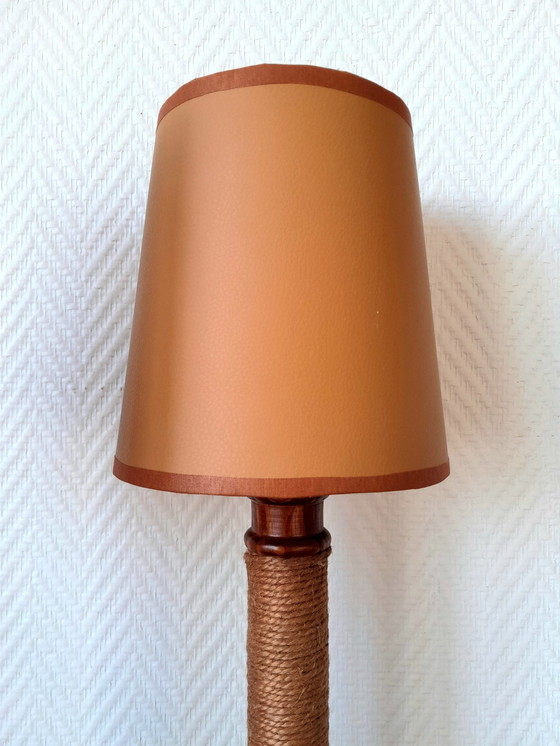 Image 1 of 2X Vintage Houten Touw en Kunstlederen Lampen