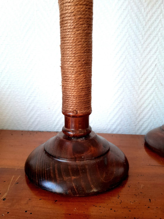 Image 1 of 2X Vintage Houten Touw en Kunstlederen Lampen