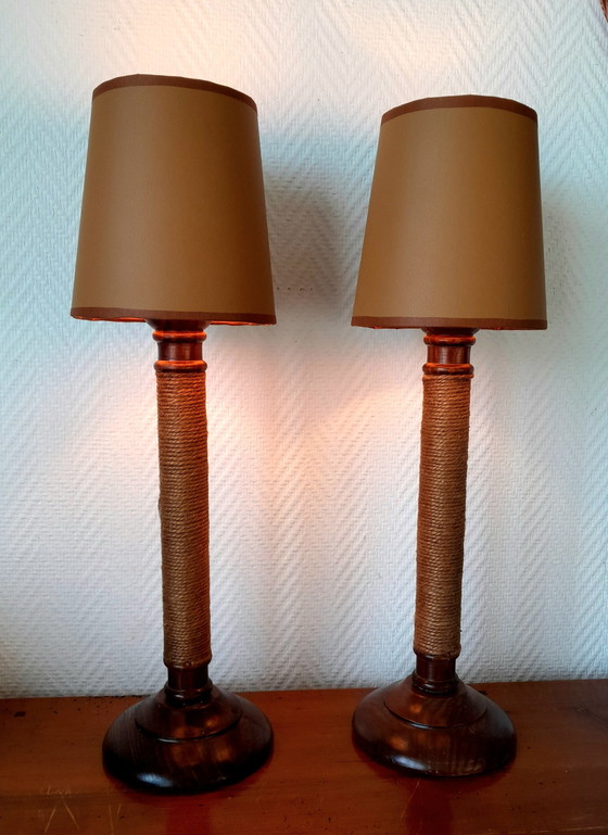 Image 1 of 2X Vintage Houten Touw en Kunstlederen Lampen