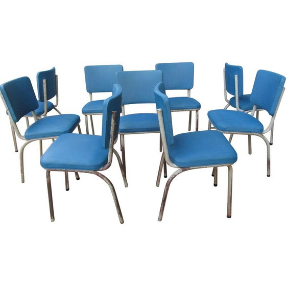 Image 1 of Set van 9 Tubax industriële blauwe stoelen - jaren 1950