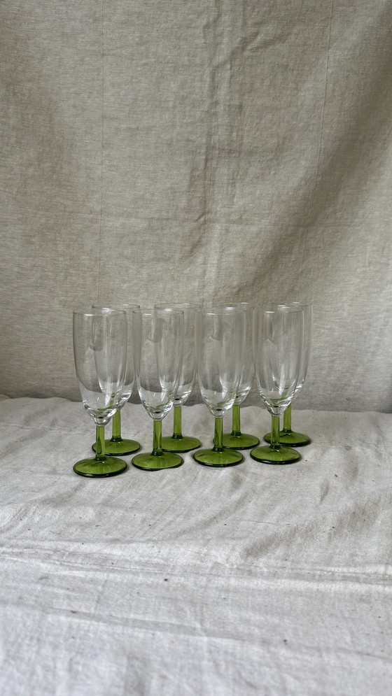 Image 1 of 8X Vintage Champagne Glas Met Groene Voet