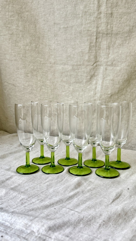 Image 1 of 8X Vintage Champagne Glas Met Groene Voet