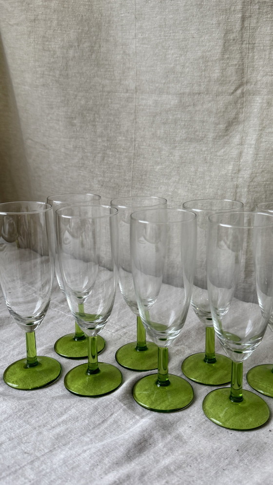 Image 1 of 8X Vintage Champagne Glas Met Groene Voet