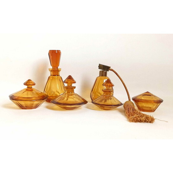 Image 1 of Vintage Art Deco toilettenset met 6 amberkleurige kristallen stukken