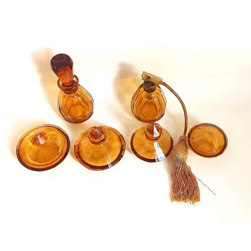 Vintage Art Deco toilettenset met 6 amberkleurige kristallen stukken