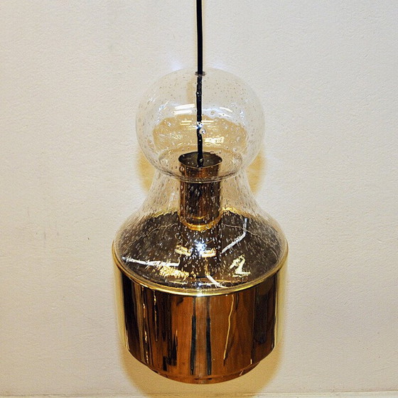 Image 1 of Vintage hanglamp van messing en glas door Jonas Hidle voor Høvik Verk, Noorwegen 1970