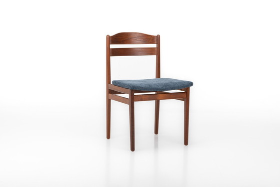 Image 1 of Vintage eetkamerstoelen in teak en blauwe stof, 1960S, set van 4