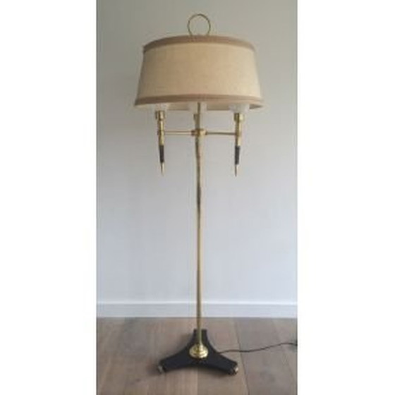 Image 1 of Franse vintage vloerlamp van hout en messing, 1970