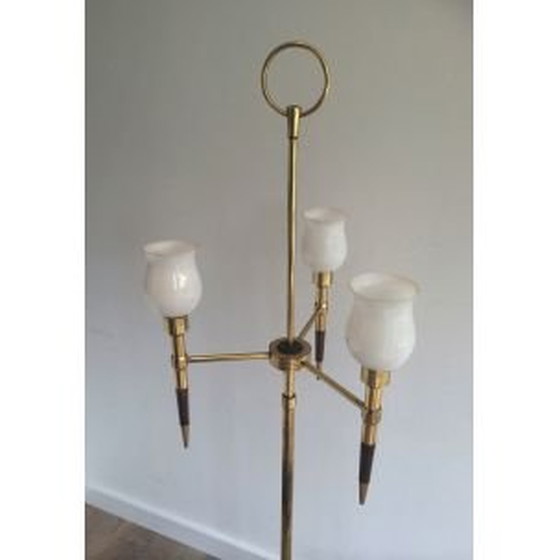 Image 1 of Franse vintage vloerlamp van hout en messing, 1970