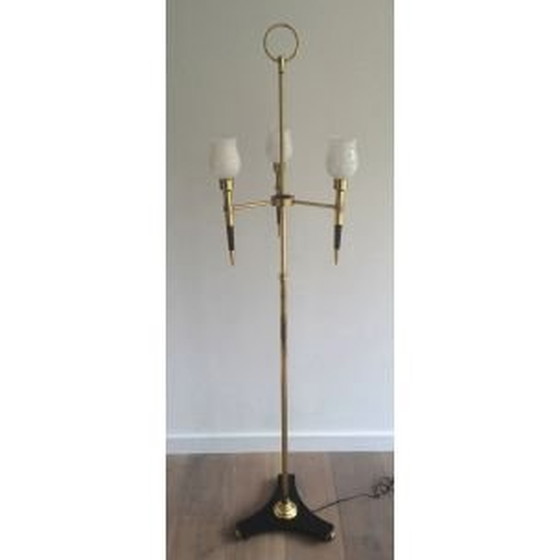 Image 1 of Franse vintage vloerlamp van hout en messing, 1970