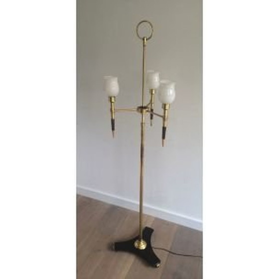Image 1 of Franse vintage vloerlamp van hout en messing, 1970