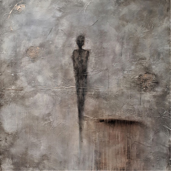 Image 1 of Frances Eckhardt- Grijs figuratief schilderij 100x100 cm + lijst