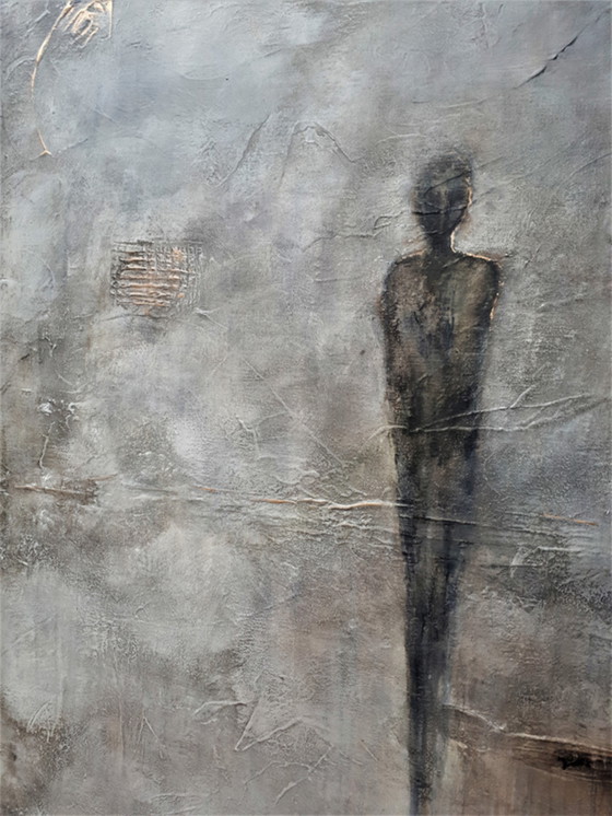 Image 1 of Frances Eckhardt- Grijs figuratief schilderij 100x100 cm + lijst