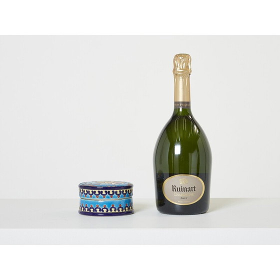 Image 1 of Ronde vintage turquoise blauwe Art Deco geglazuurde keramische doos, 1940