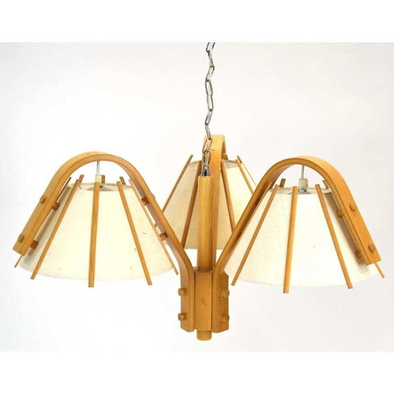Image 1 of Vintage gebogen houten en stoffen hanglamp van J. Wickelgren en M Strandang voor Aneta, Zweden 1970