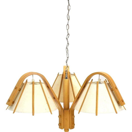 Vintage gebogen houten en stoffen hanglamp van J. Wickelgren en M Strandang voor Aneta, Zweden 1970