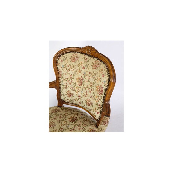 Image 1 of Paar vintage Neo-Rococo fauteuils met gedecoreerde stof in licht hout, jaren 1930