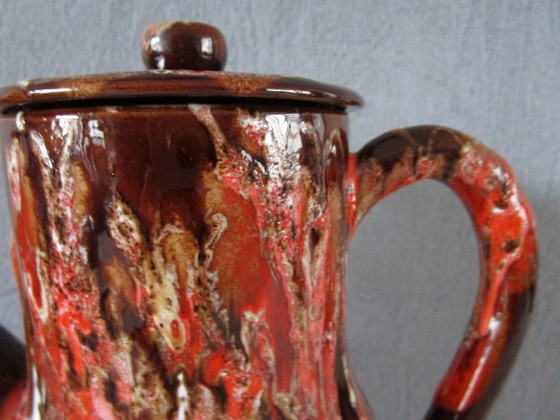 Image 1 of Vallauris Koffieservies - Rood Roze En Bruin Geëmailleerd Terracotta (Circa 1950)