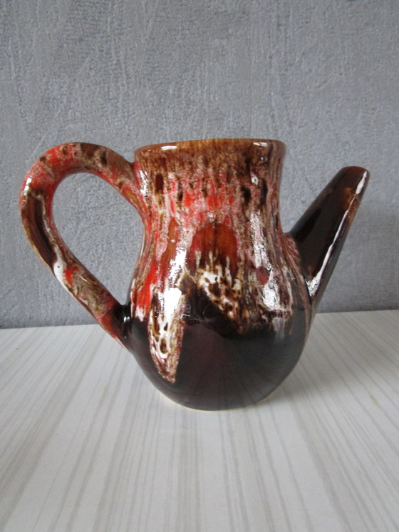 Image 1 of Vallauris Koffieservies - Rood Roze En Bruin Geëmailleerd Terracotta (Circa 1950)