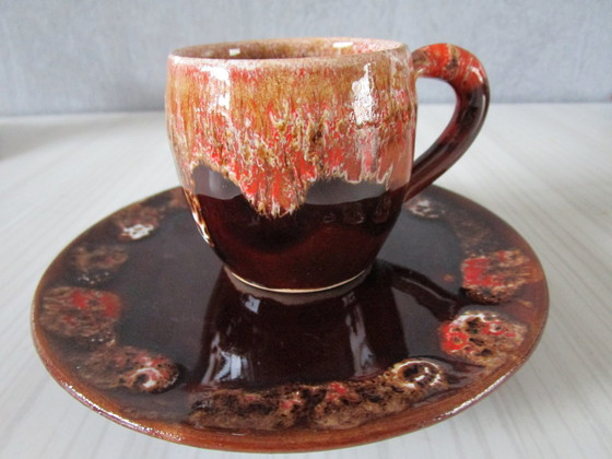 Image 1 of Vallauris Koffieservies - Rood Roze En Bruin Geëmailleerd Terracotta (Circa 1950)