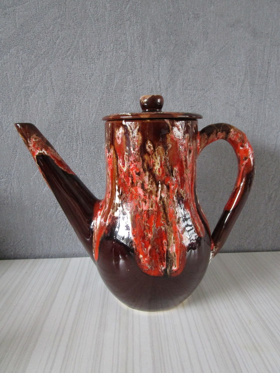 Image 1 of Vallauris Koffieservies - Rood Roze En Bruin Geëmailleerd Terracotta (Circa 1950)