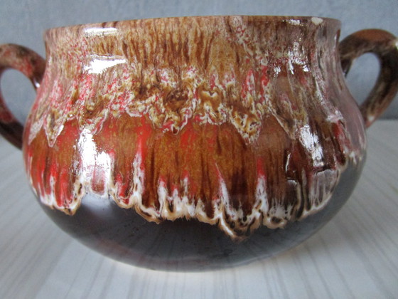 Image 1 of Vallauris Koffieservies - Rood Roze En Bruin Geëmailleerd Terracotta (Circa 1950)