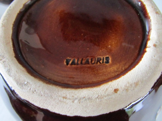 Image 1 of Vallauris Koffieservies - Rood Roze En Bruin Geëmailleerd Terracotta (Circa 1950)