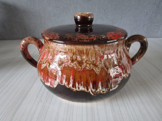 Image 1 of Vallauris Koffieservies - Rood Roze En Bruin Geëmailleerd Terracotta (Circa 1950)