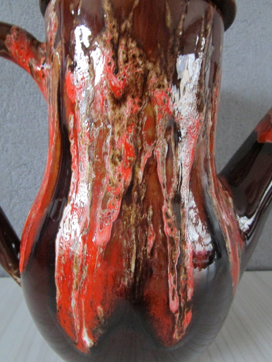 Image 1 of Vallauris Koffieservies - Rood Roze En Bruin Geëmailleerd Terracotta (Circa 1950)