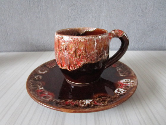 Image 1 of Vallauris Koffieservies - Rood Roze En Bruin Geëmailleerd Terracotta (Circa 1950)