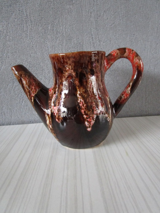 Image 1 of Vallauris Koffieservies - Rood Roze En Bruin Geëmailleerd Terracotta (Circa 1950)