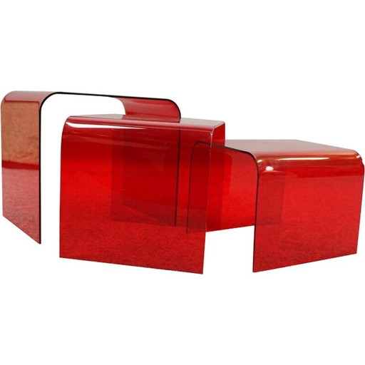 Set van 3 vintage Space Age bijzettafeltjes van rood acrylglas, 1970