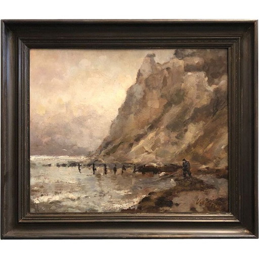 Vintage schilderij "Een visser aan het werk" door Mogens Vantore, Denemarken 1890