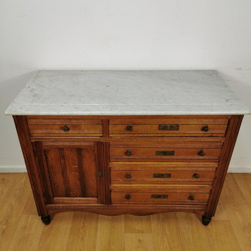 Vintage Frans Dressoir Commode, Ladekast Badkamermeubel Met Marmer Blad