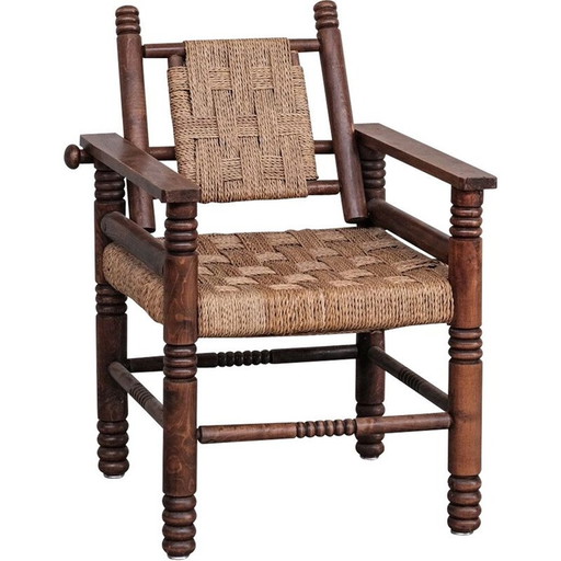 Franse Art Deco vintage koord en eikenhouten fauteuil door Charles Dudouyt, jaren 1940