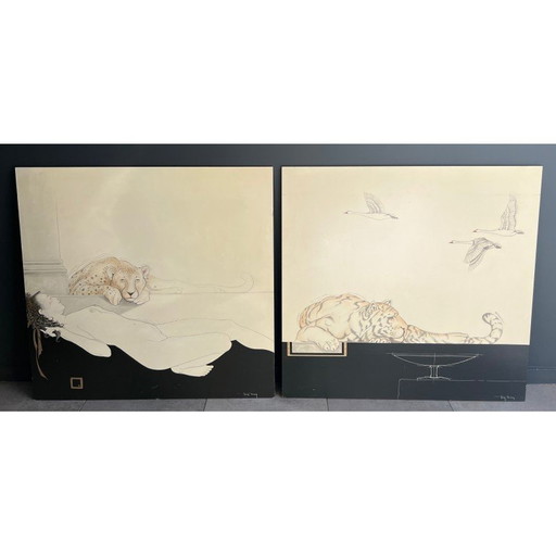 Paar vintage gouaches van Tony Warren, 1980