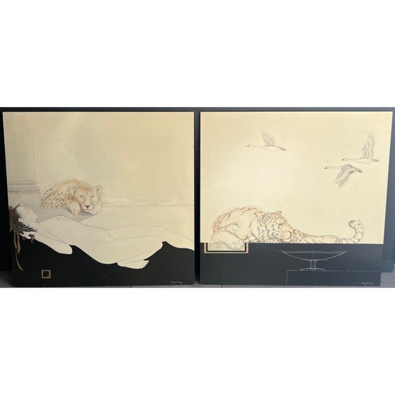 Image 1 of Paar vintage gouaches van Tony Warren, 1980