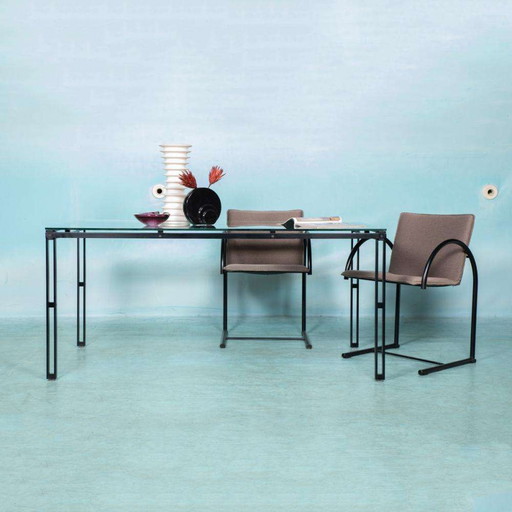 Minimalist eettafel glas en metaal, Midmod 80s dining table