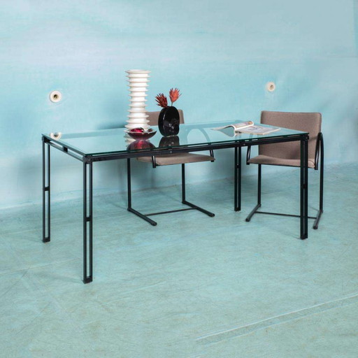 Minimalist eettafel glas en metaal, Midmod 80s dining table