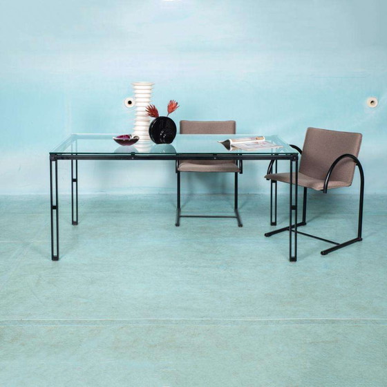 Image 1 of Minimalist eettafel glas en metaal, Midmod 80s dining table