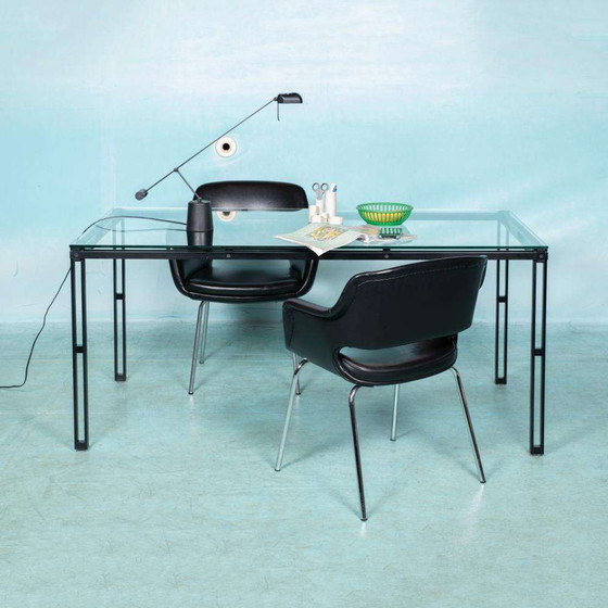 Image 1 of Minimalist eettafel glas en metaal, Midmod 80s dining table