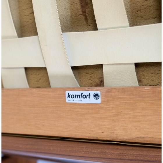 Image 1 of Vintage fauteuil met teakhouten kruk bekleed met zwart leer door Arne Vodder voor Komfort, 1960