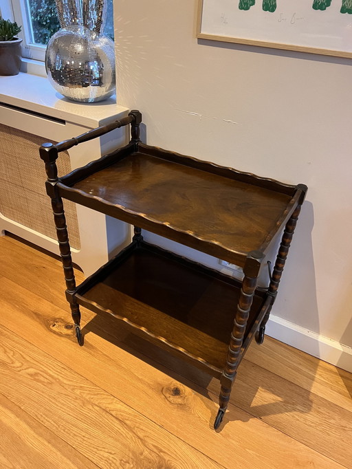 Vintage Houten Bar Cart / Serveerwagen Op Wieltjes